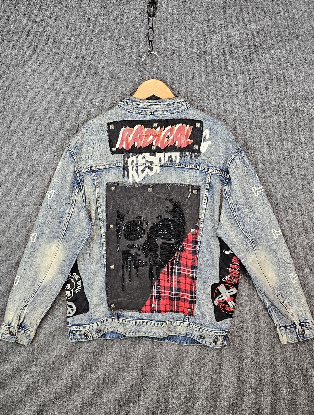 Radical Skull Patchwork| Custom Graphic Distressed Denim Jacket| Size- 3XL